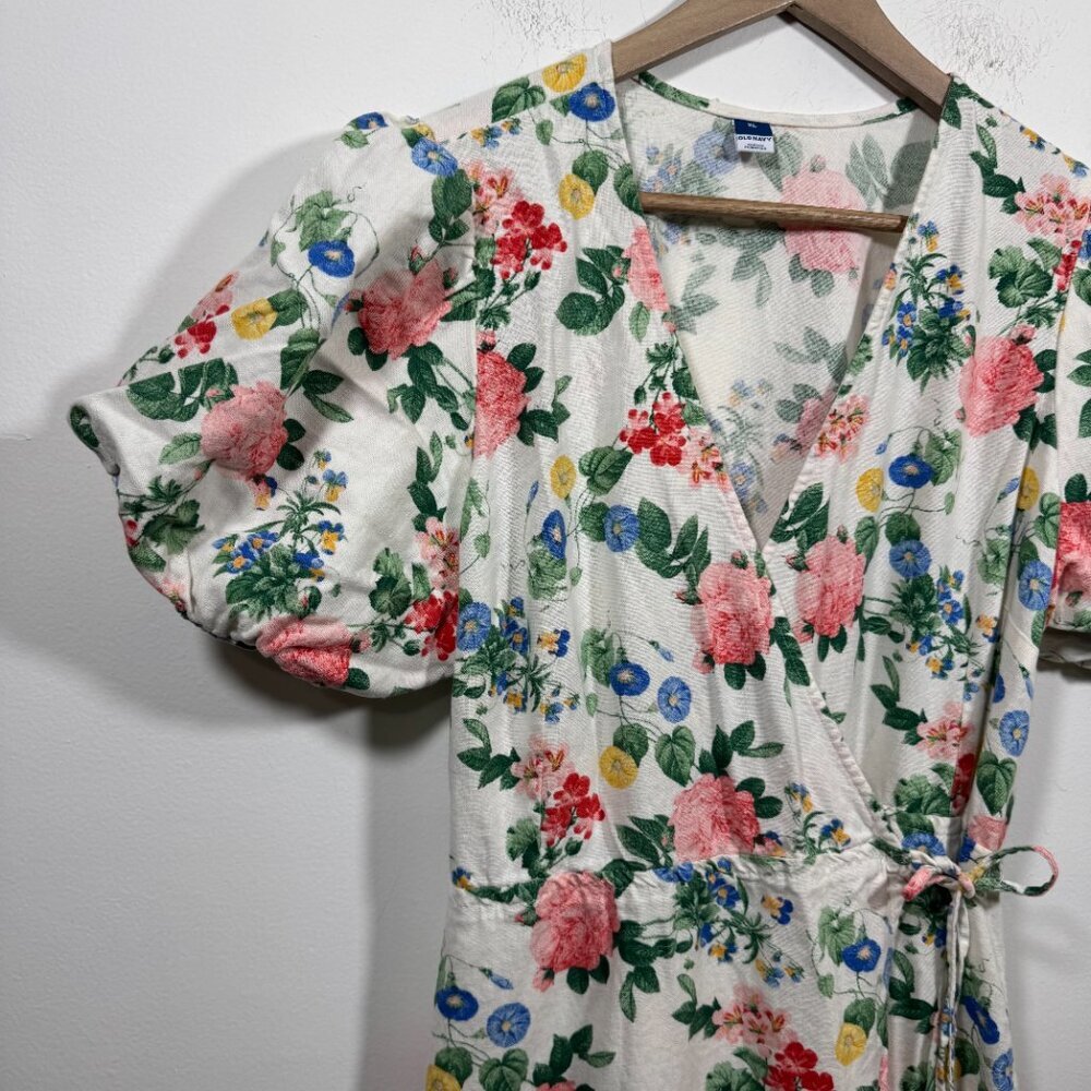 Old Navy Floral puff Sleeve Mini Wrapped Dress Women’s XL Linen Blend Cottage - Picture 7 of 10
